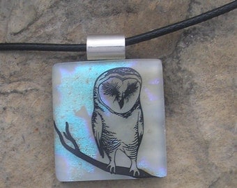 Blue Owl Necklace Fused Dichroic Glass Owl Pendant