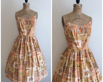 Vintage 1950s Novelty Print Cotton Dress 50s Sundress