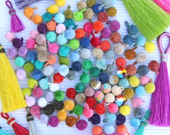 MINI Luxe Pom Poms with Loops for Jewelry, Spring Designer Jewelry Making Charm, Sandal Charms, Handmade Fashion in Pairs, You Choose Colors