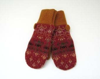 Felted Wool Mittens Fleece Lined Fair Isle in Vermilion Marigold Beige Olive Green and Black Wool Sweater Mittens
