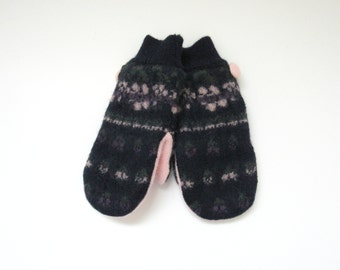 Wool Mittens Fleece Lined Floral Fair Isle in Pink and Purple on Navy Felted Wool Sweater Mittens