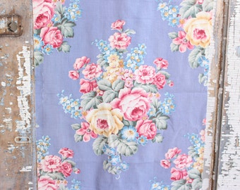 Cottage Chic Pink Cabbage Rose Vintage Periwinkle Blue Fabric Panel