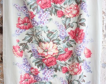 Cottage Chic Mango Pink LavenderFloral Garland Cabbage Roses Vintage Fabric Drapes Drapery Panel