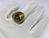 Vintage 1980's Gothic Gold Finished Stainless Steel Genuine Tiger's Eye Ring