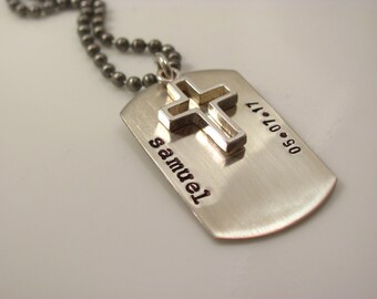 Personalized Small DOG TAG with CROSS - Sterling Silver Dog Tag- confirmation gift first communion gift for boys