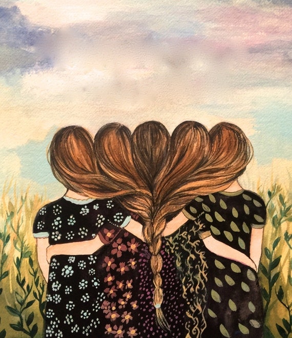 Five sisters best friends with brown and reddish hair art