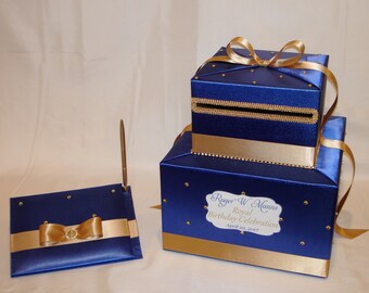 Royal Theme Card Box and matching Guest Book with pen-Royal Blue and Gold