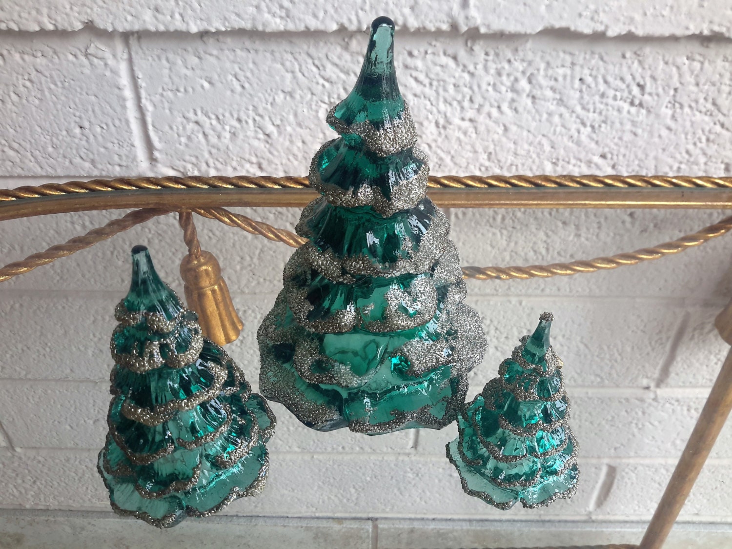 FENTON Glass Christmas Tree Trio 3 Green Beaded Frosted