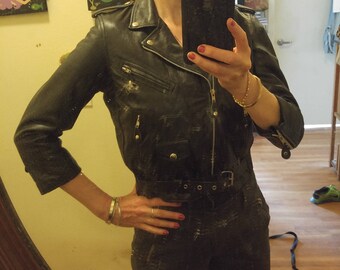 90s Black leather crop Motorcycle jacket