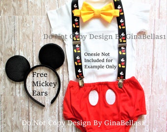 Mickey Mouse Birthday cake smash outfit FREE ears MICKEY SUSPENDERS diaper Cover yellow bowtie boy clubhouse photo prop 9 12 18 24 toddler