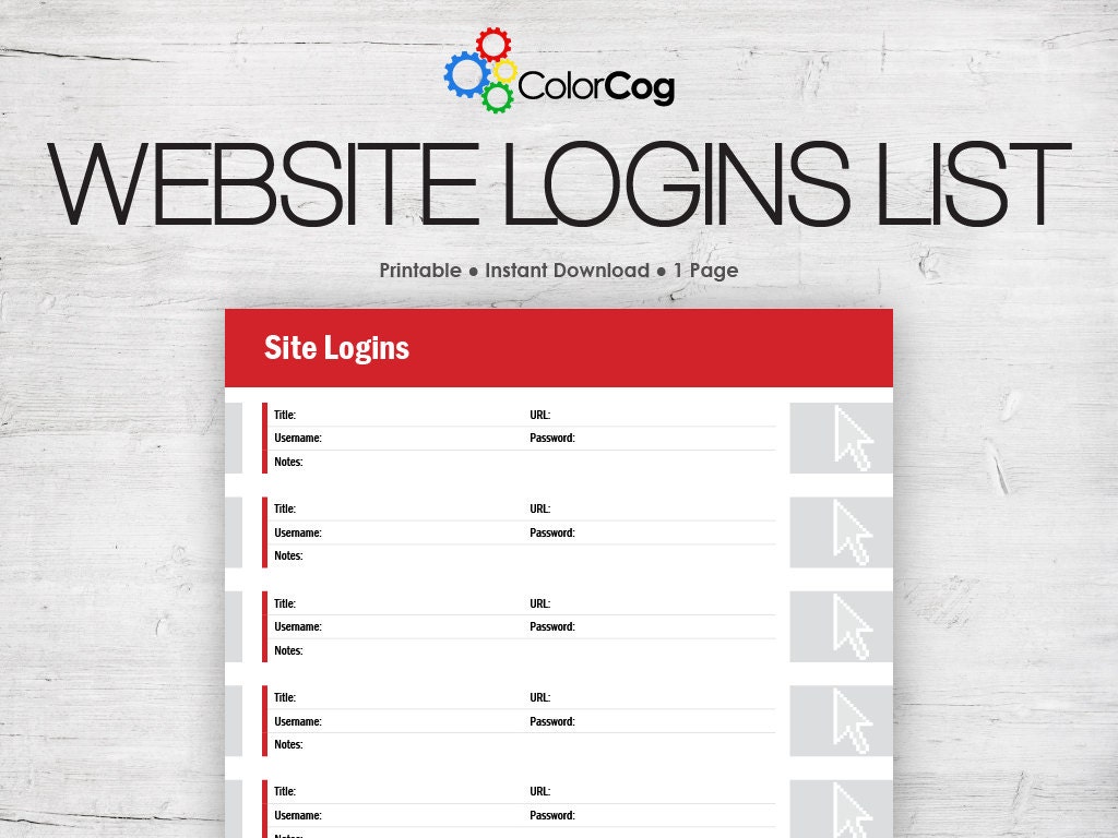 Website Logins List Printable PDF