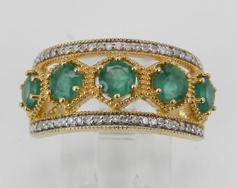 14K Yellow Gold Diamond and Emerald Anniversary Band Wedding Ring Size 7 May Gem
