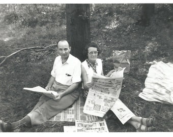 Vintage Snapshot "Sunday Paper" Comfortable Couple Share Sunday Paper Original Old Photo 1960 Found Vernacular Photo