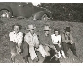 Vintage Snapshot "On The Verge" Roadside Group Men Fedora Hats Vintage Car Black & White Found Vernacular Photo