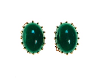Emerald Green Earrings, Oval Clip On, Made In Japan