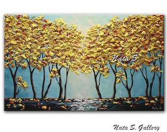 Turquoise Landscape Painting, Original Fall Tree Artwork, Abstract Painting,Teal Tree Art, Palette Knife, Large Artwork 24"x 40" by Nata S.