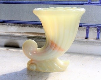 Akro Agate Cornucopia Vase Vintage Yellow Slag Glass