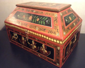 Vintage hand painted folk art box from India with domed or coffered lid