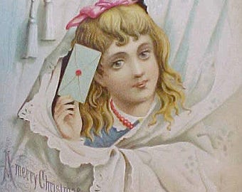 Lovely Larger Victorian Era Christmas Scrap-Little Girl with Letter
