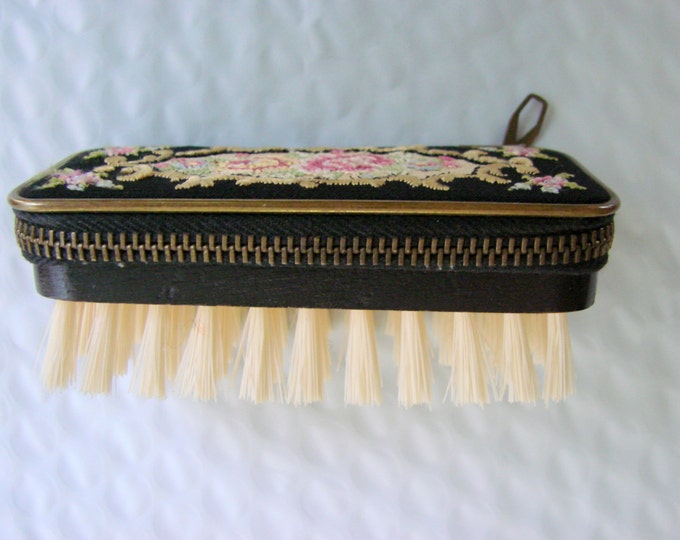 Vintage Travel Tapestry Needle Point Floral Clothes Brush Sewing Kit Western Germany Zippered Case