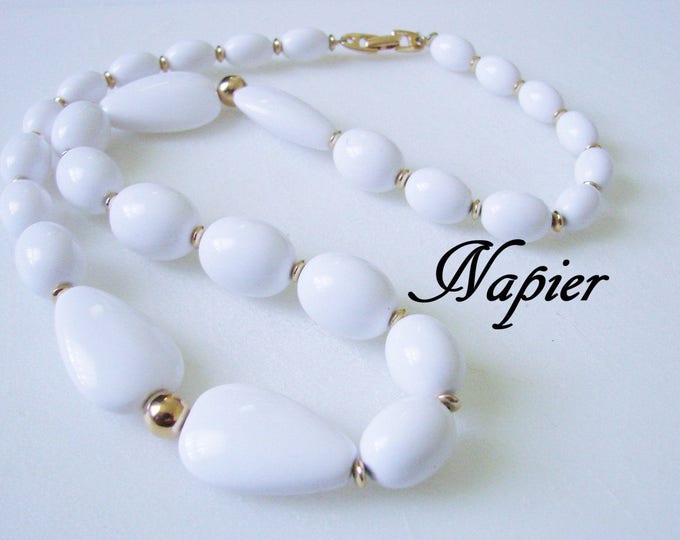 80s Vintage Napier White Lucite Bead Necklace / Designer Signed / Goldtone Beads / Vintage Jewelry / Jewellery