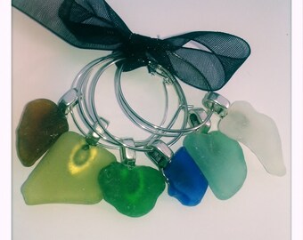 6x Handmade Cornish Sea Glass Wine Charms - Wedding Birthday Gift Xmas