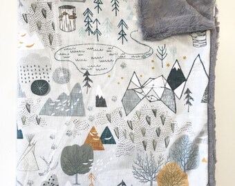Mountains Baby Boy Blanket - Minky Baby Blanket, Grey Max's Map Baby Blanket, Personalized Baby Blanket, Adventure Awaits