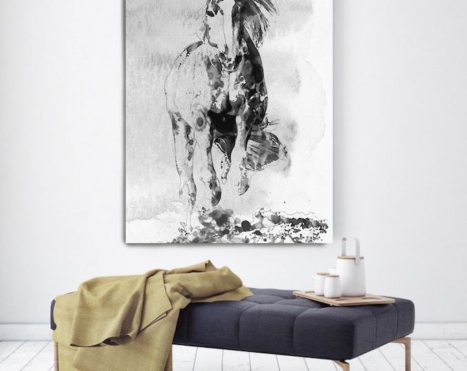 Wild Running Horse 3. Extra Large Contemporary Horse Black and White Canvas Original Oil/Acrylic Art. Horse BW Original Art by Irena Orlov