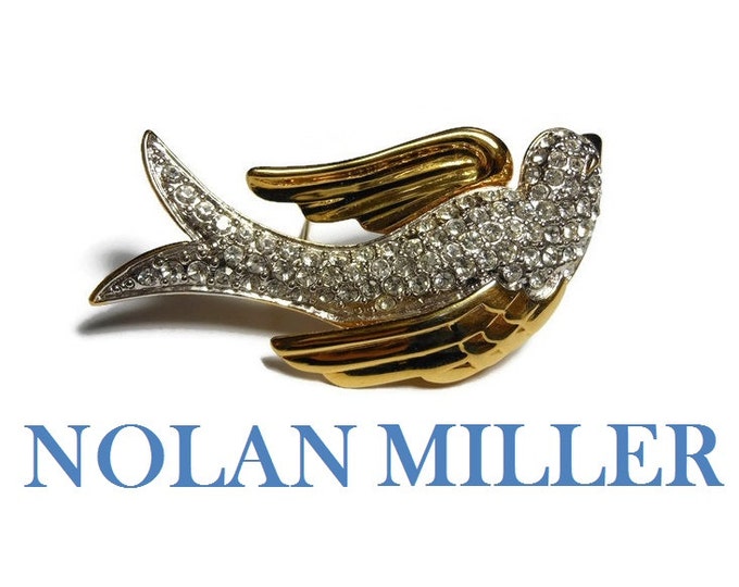 FREE SHIPPING Nolan Miller bird brooch, pave crystal rhinestones with gold plated wings and bill, designer pin