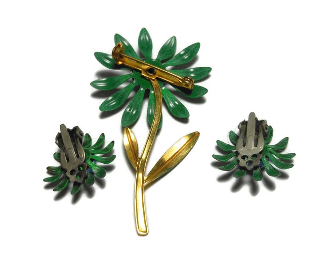 FREE SHIPPING Floral brooch and earrings, 1960s green brooch and clip earrings, green blue enamel daisies, gold tone stem, hip mod flowers