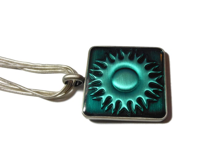 Southwest sun pendant, blue green square, epoxy sun in a pewter frame, silver plated chain, three strand, decorative clasp