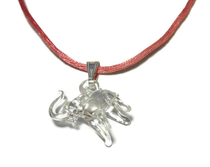 Glass elephant necklace, girl's necklace, woman's choker, clear glass elephant, pink cord, 14 inches long