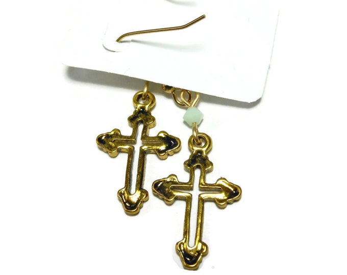 FREE SHIPPING Small cross earrings, gold tone Fleury crosses, gold plated french wires, opaque green Swarovski crystals, dangle earrings