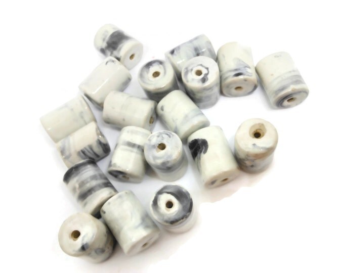 Marbled porcelain beads, 19 marbled white and dark grey, 18x14mm-22x16mm round tube
