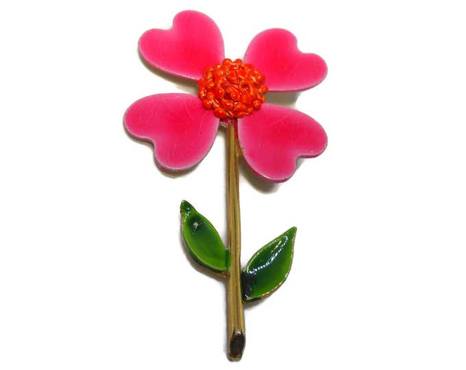 FREE SHIPPING Signed ART daisy brooch, large mod 1960s, pink and orange enamel flower, floral pin with textured center, flower power!