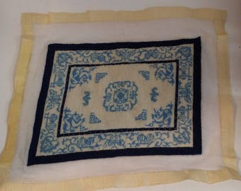 Vintage Handmade Dollhouse Petit Point Oriental Rug -- Blue and Cream, 10 by 7.5 Inches, 1:12 Scale, Beautiful but Unfinished and Crooked