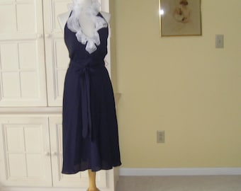 60's, navy blue cocktail dress, halter style bodice, triple white ruffle at neckline, Morton Myles designer, low back , new(dead stock)