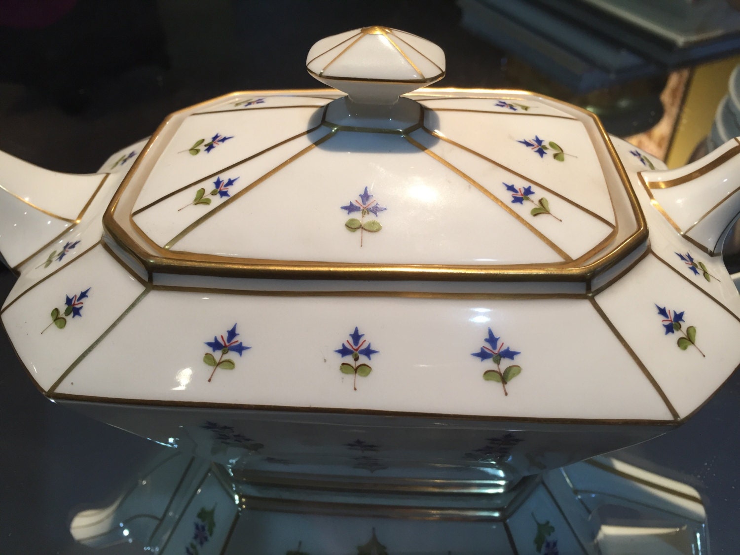 Antique Teapot/Limoges/Jean Pouyat/ France/ Blue Cornflower