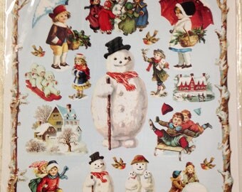 Snowman, sleds, snow babies, antique winter scene vintage stickers by The Gifted Line, John Grossman,1996