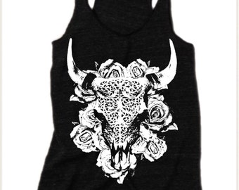 Womens Bull BUFFALO Cow Skull Shirt boho desert flower tribal bohemian Tee Tri Blend Tank Top American Apparel Gray Black S M L XL