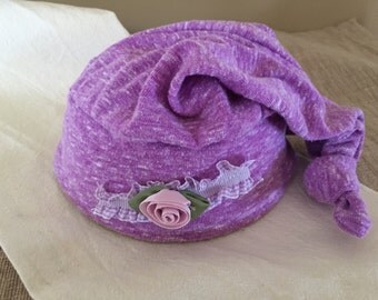Newborn Top Knot hat with Flower purple, lavendar, baby photo prop