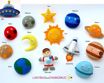 SPACE for kids, SOLAR SYSTEM felt fridge magnets - price per 1 item - make your own set - Space,Sun,Moon, Earth,Saturn,Star,Jupiter,Mars