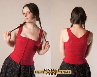 Red Quilted Bodice Corset Dirndl Bodice Top / Renaissance Medieval Costume Cosplay bodice corset Top pinafore / size xs