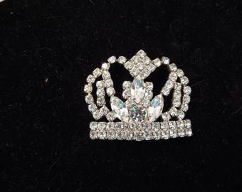 Sparkling Rhinestone Brooch, Crown Design, Unsigned, Silver Tone Metal