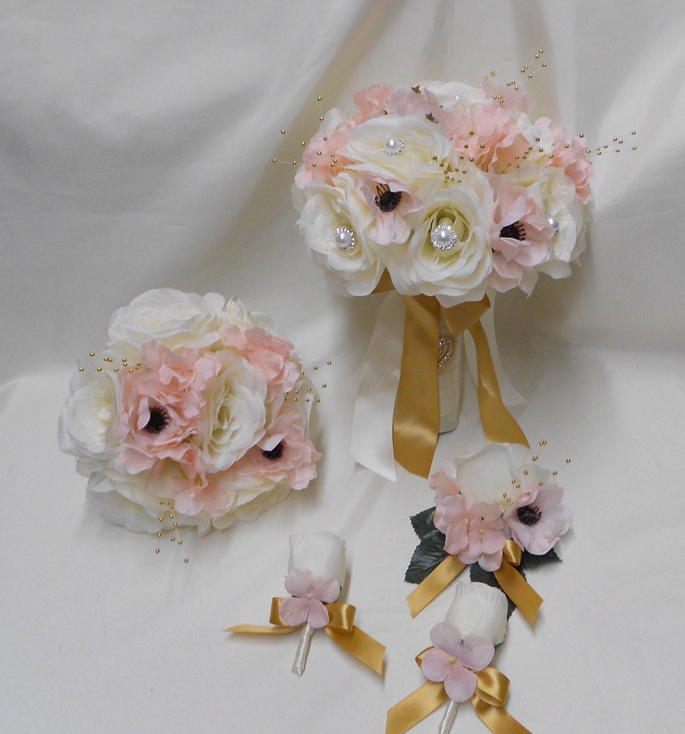 Wedding Silk Flower Bridal Bouquet 18 pieces Package Ivory