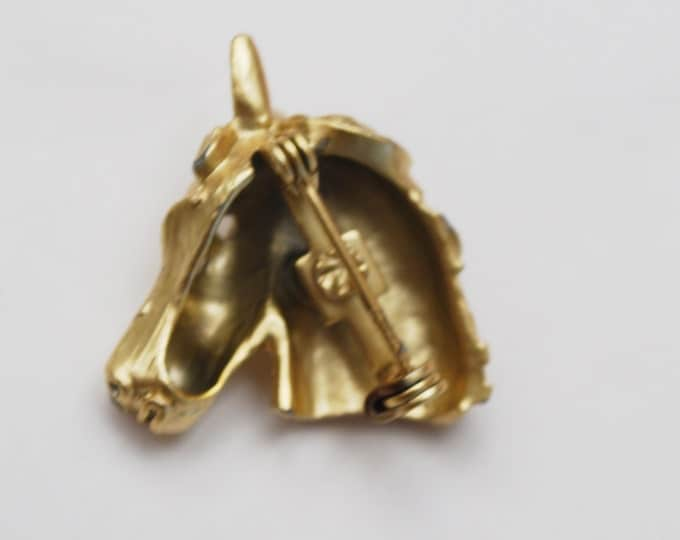 Gold Horse Head Brooch - Red rhinestone eye - Figurine - Equestrian pin