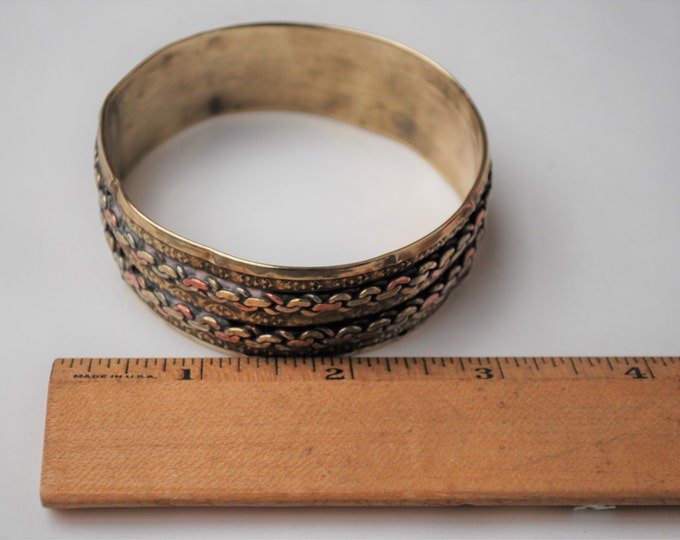 Brass Copper Boho Bangle - Woven chain - Mixed Metals - Wide Chunky Bracelet