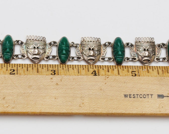 Sterling face link bracelet - Carved Green Onyx - Silver Tribal Mask - Signed Mexico BGM