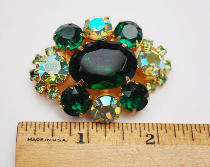 Green Rhinestone brooch - Gold plated Setting - Aurora Borealis - Rhinestone Pin