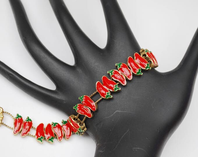 Red Chili Pepper Slider Bracelet - Red Green Enameling - Charm - link bangle